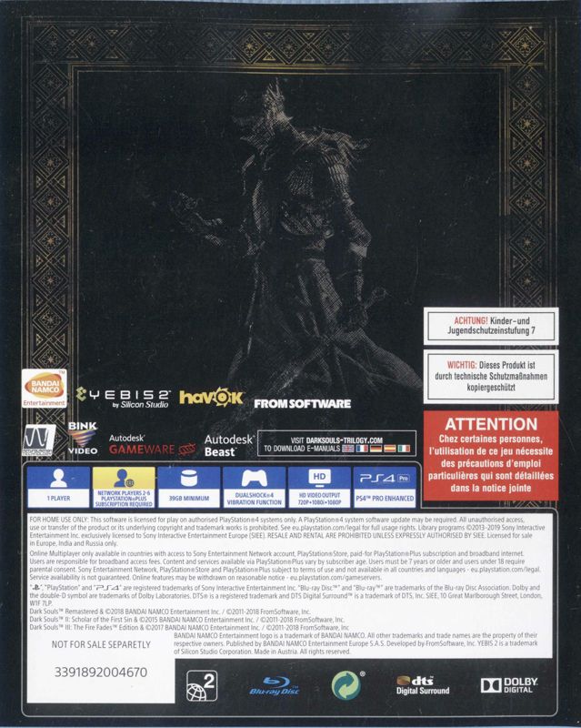 Other for Dark Souls Trilogy (PlayStation 4): Dark Souls III: The Fire Fades Edition - Keep Case - Back