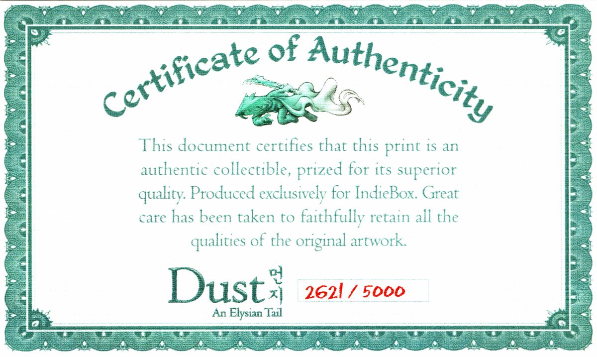 Extras for Dust: An Elysian Tail (Limited Edition) (Linux and Macintosh and Windows): Cel art print "Certificate of Authenticity"
