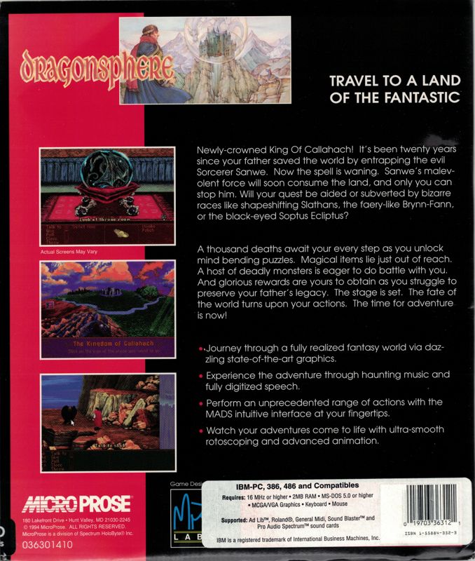 Back Cover for Dragonsphere (DOS) (3.5" floppy release)