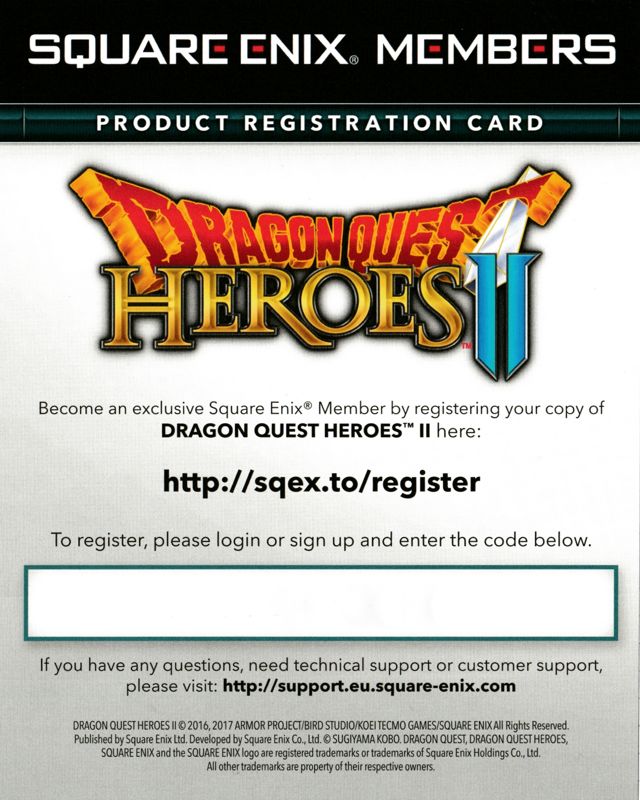 Other for Dragon Quest Heroes II: Explorer's Edition (PlayStation 4): Product Registration Card