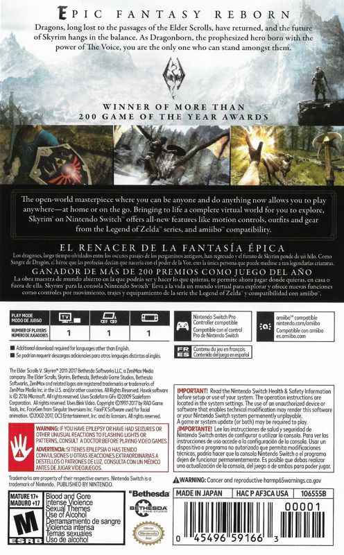 Back Cover for The Elder Scrolls V: Skyrim - Special Edition (Nintendo Switch)