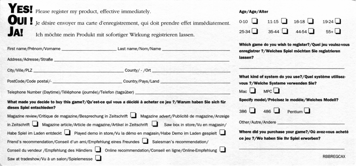 Extras for Myst (Windows 3.x): Registration Card - Back