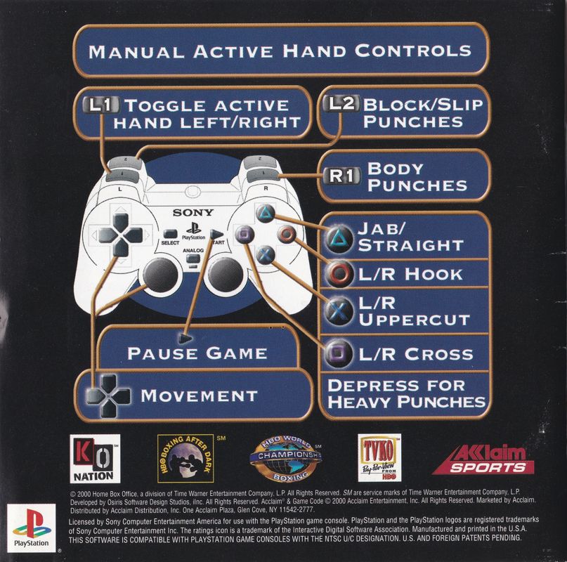 Manual for HBO Boxing (PlayStation): Manual Back