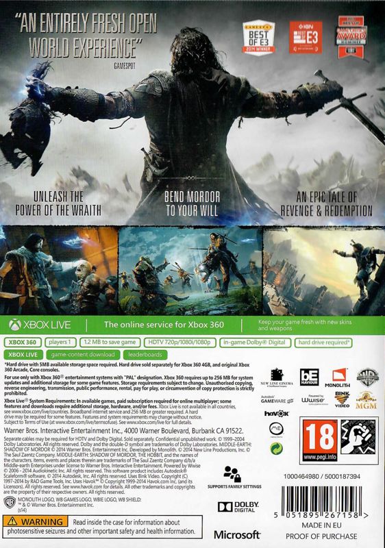 Back Cover for Middle-earth: Shadow of Mordor (Xbox 360)