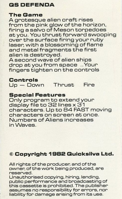 Inside Cover for QS Defender (ZX81) (QS Defenda final printed cover)