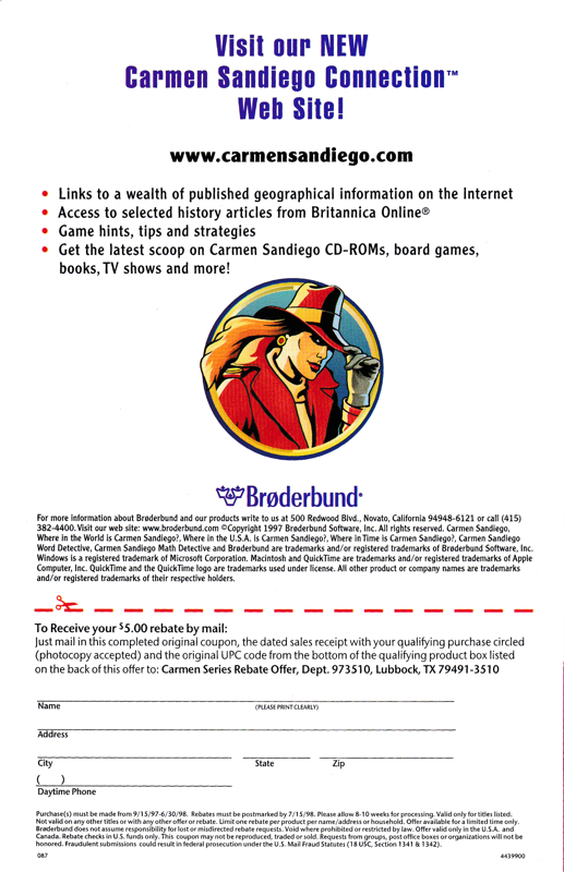 Advertisement for Where in the World is Carmen Sandiego? (Macintosh and Windows and Windows 3.x): Catalogue - Back