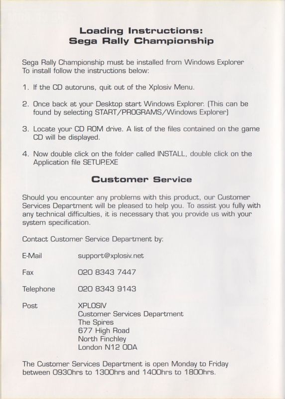 Inside Cover for SEGA Rally Championship (Windows) (Xplosiv release): Left