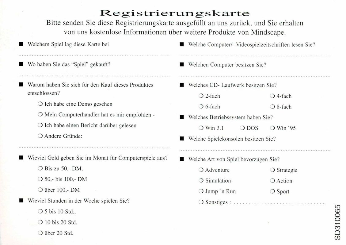 Extras for Imperialism (Macintosh and Windows): Registration Card - Back