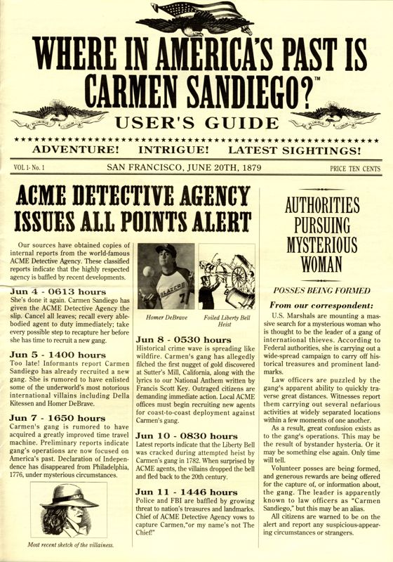Manual for Where in America's Past Is Carmen Sandiego? (DOS) (Dual media release): Front