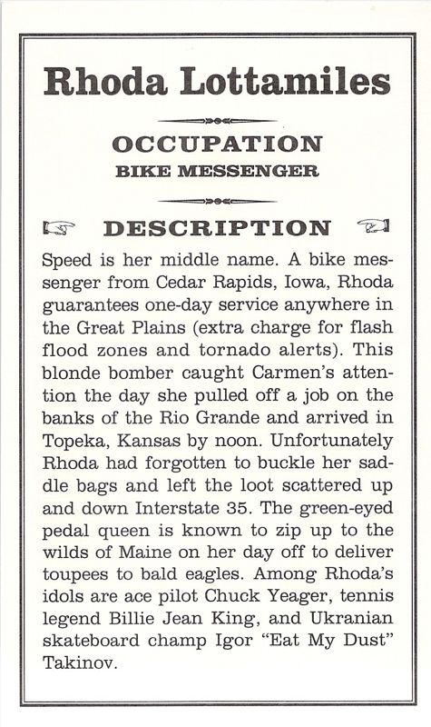 Extras for Where in America's Past Is Carmen Sandiego? (DOS) (Dual media release): Culprit Card - Rhoda Lottamiles Rear