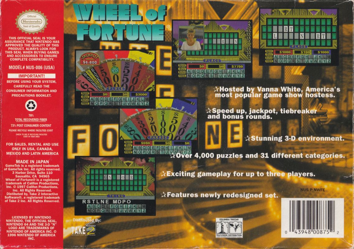 Back Cover for Wheel of Fortune (Nintendo 64)