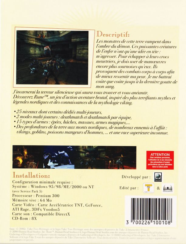 Back Cover for Rune (Windows) (Take-Two Heritage release)