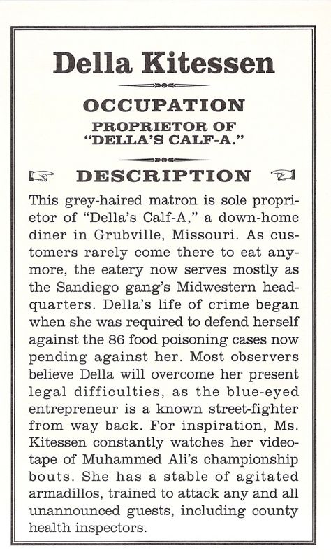 Extras for Where in America's Past Is Carmen Sandiego? (DOS) (Dual media release): Culprit Card - Della Kitessen Rear