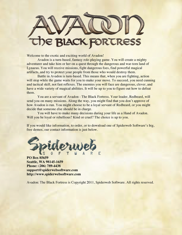 Manual for Avadon: The Black Fortress (Linux and Macintosh and Windows) (Steam release)