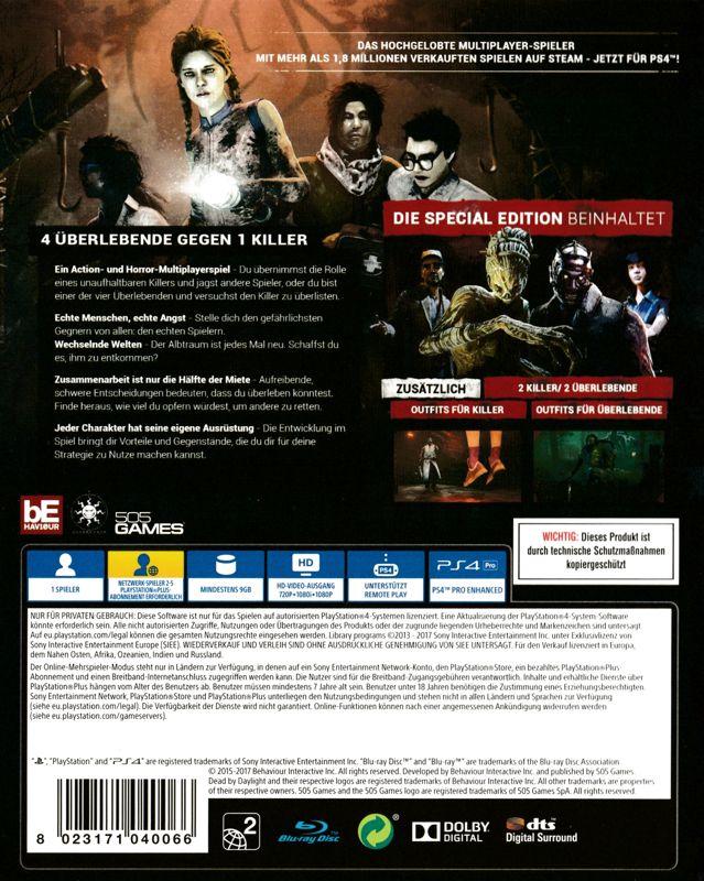Back Cover for Dead by Daylight: Special Edition (PlayStation 4)