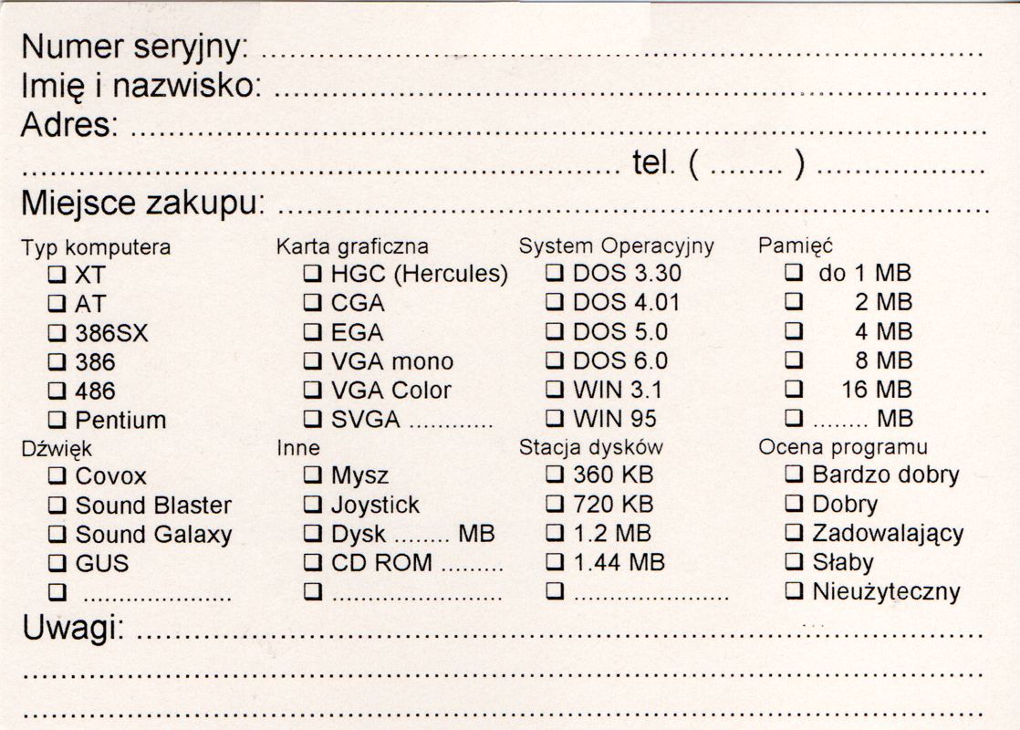 Extras for Mat Miś (DOS): Registration Card - Back