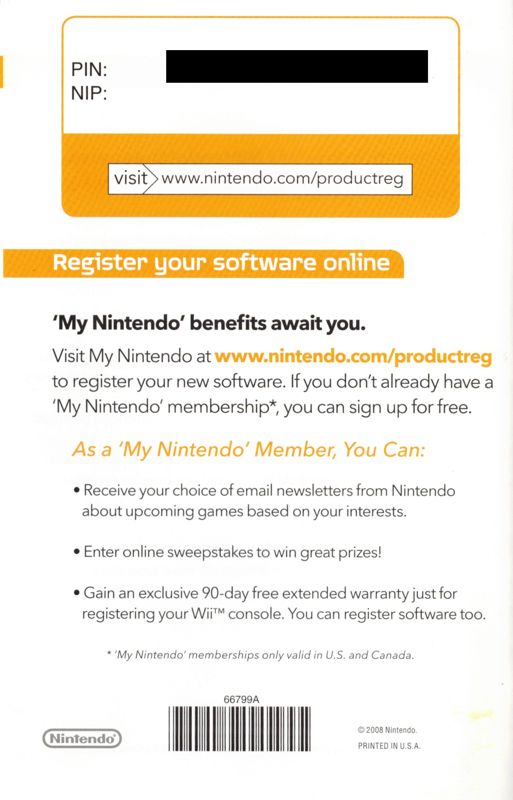 Other for Wii Music (Wii): Registration - Back