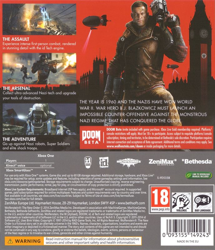 Back Cover for Wolfenstein: The New Order (Xbox One)