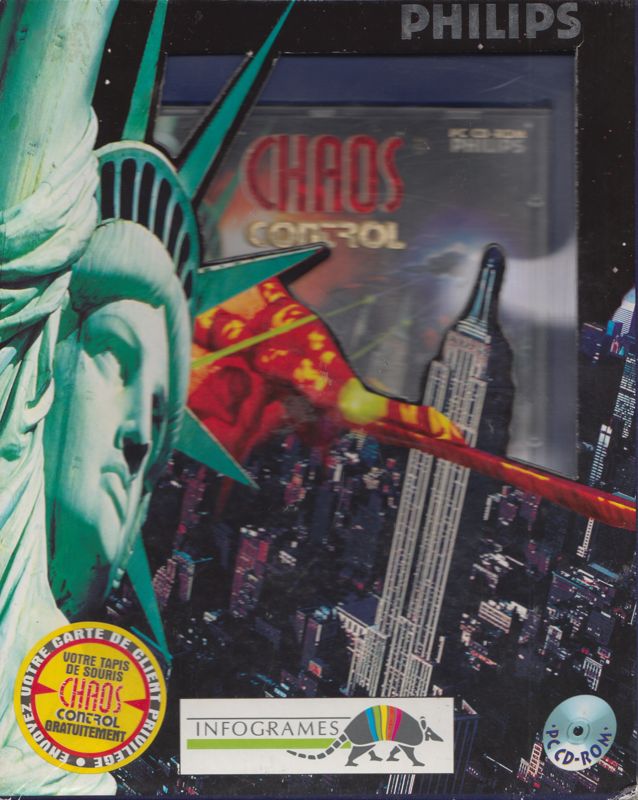 Front Cover for Chaos Control (DOS): Sticker in the lower left corner is an incentive to send back Registration Card : a mousepad is offered