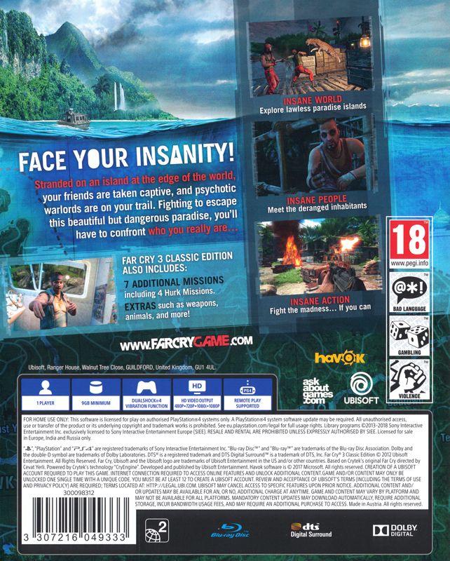 Back Cover for Far Cry 3: Classic Edition (PlayStation 4) (General European release): w/o Sticker