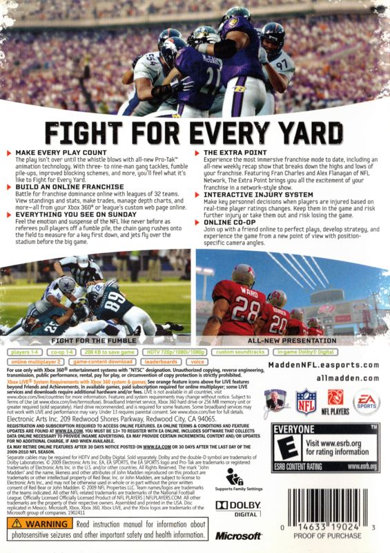 Back Cover for Madden NFL 10 (Xbox 360)