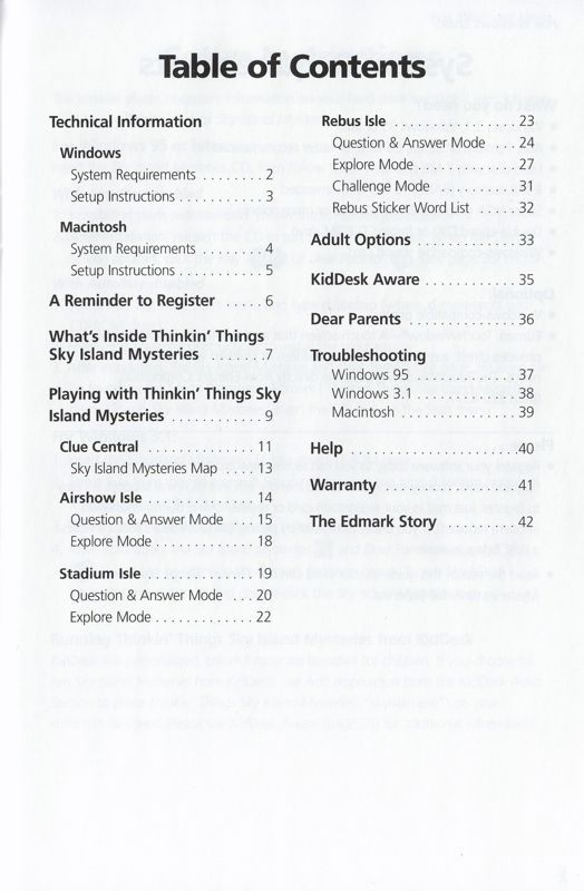 Manual for Thinkin' Things: Sky Island Mysteries (Macintosh and Windows and Windows 3.x): Table of Contents