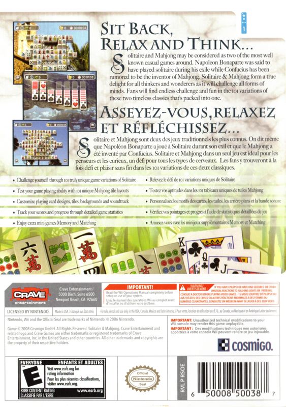 Back Cover for Solitaire & Mahjong (Wii)
