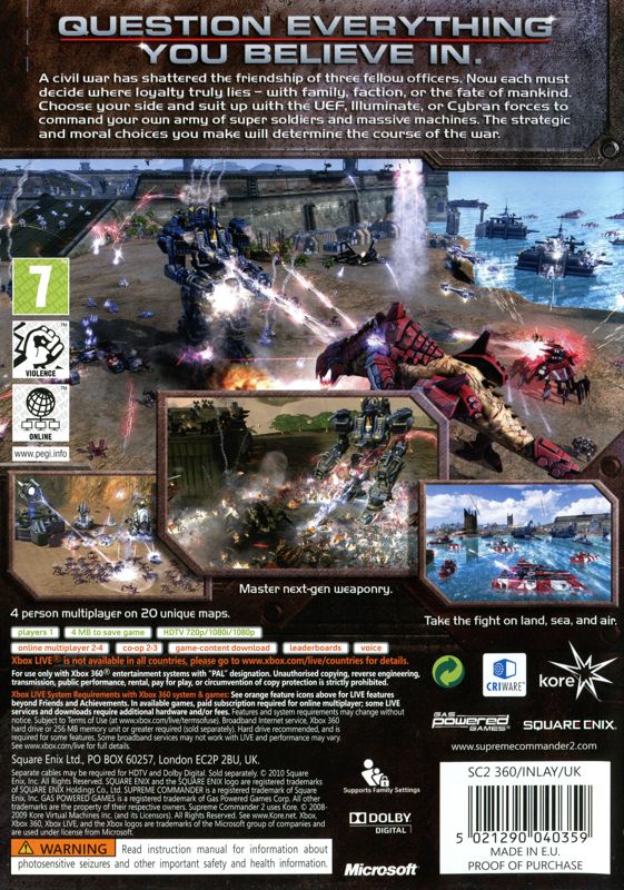 Back Cover for Supreme Commander 2 (Xbox 360)