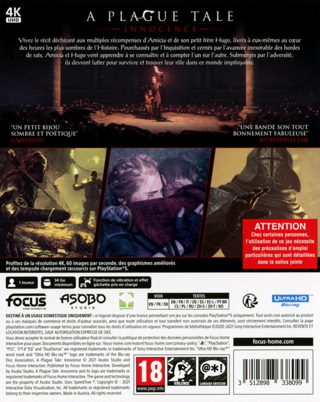 Back Cover for A Plague Tale: Innocence (PlayStation 5)