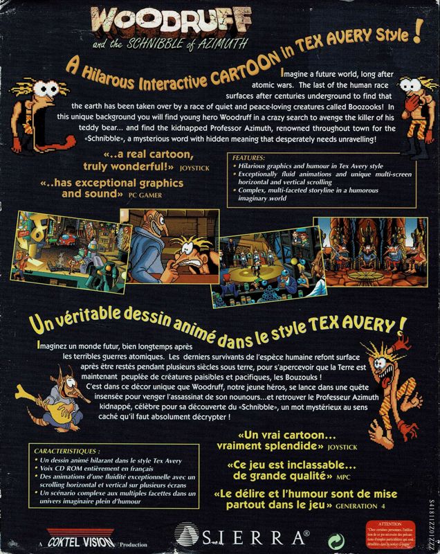 Back Cover for The Bizarre Adventures of Woodruff and the Schnibble (Windows 3.x) (Alternate release (box in French and English - game in German))