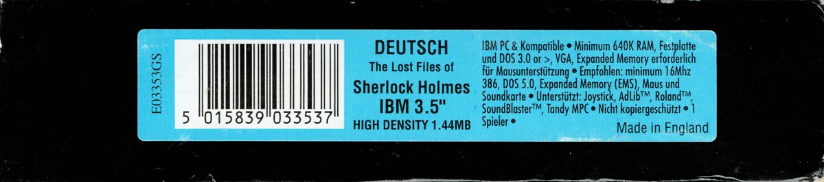 Spine/Sides for The Lost Files of Sherlock Holmes (DOS): Top