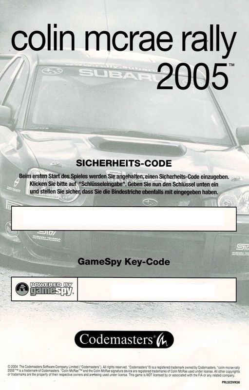 Extras for Colin McRae Rally 2005 (Windows): Game Codes