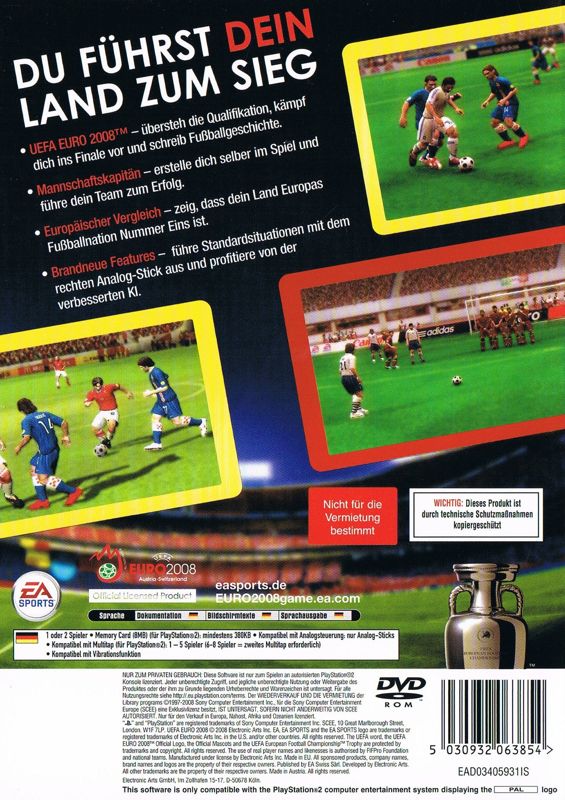 Back Cover for UEFA Euro 2008 (PlayStation 2)