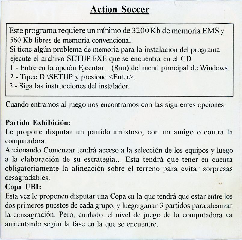 Inside Cover for Action Soccer (DOS): Quickstart Guide - Page 1