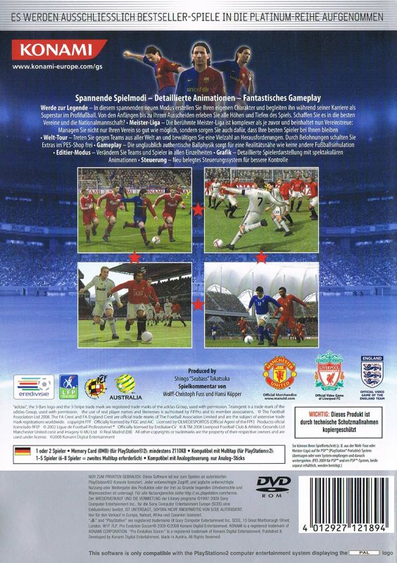 Back Cover for PES 2009: Pro Evolution Soccer (PlayStation 2) (Platinum release)