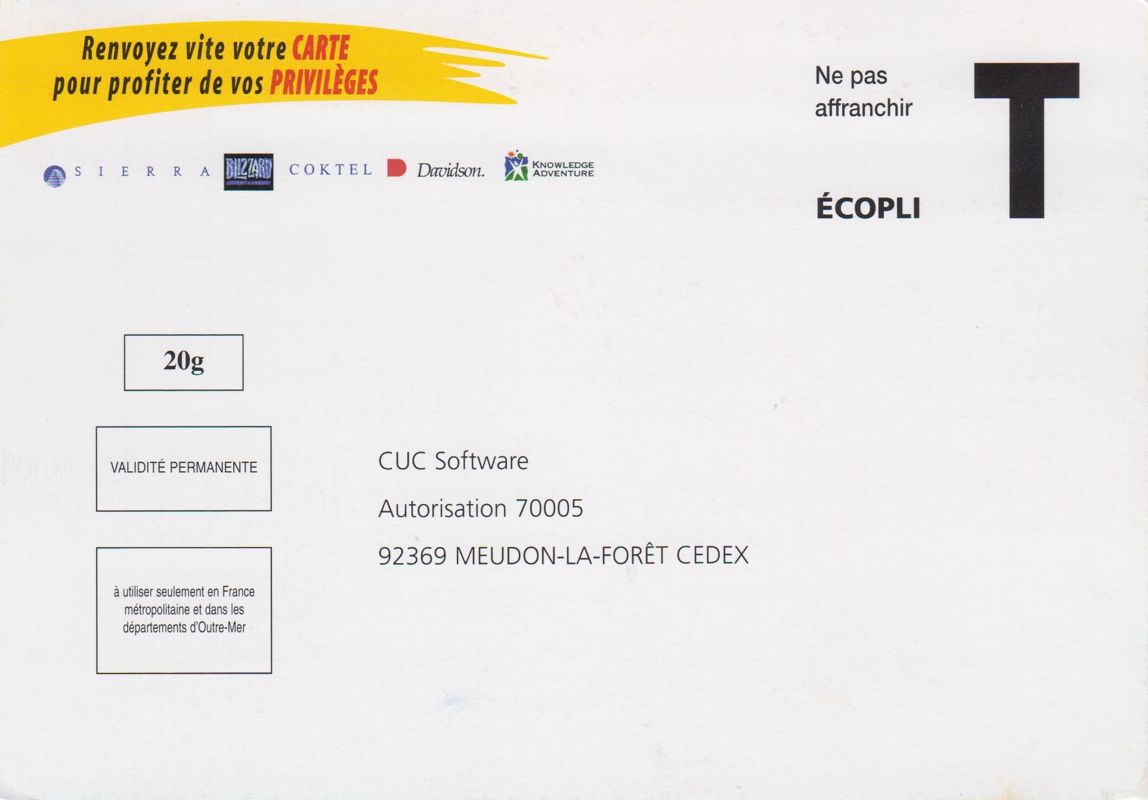 Extras for 3-D Ultra Pinball: The Lost Continent (Macintosh and Windows and Windows 3.x): CUC Registration Card - Front
