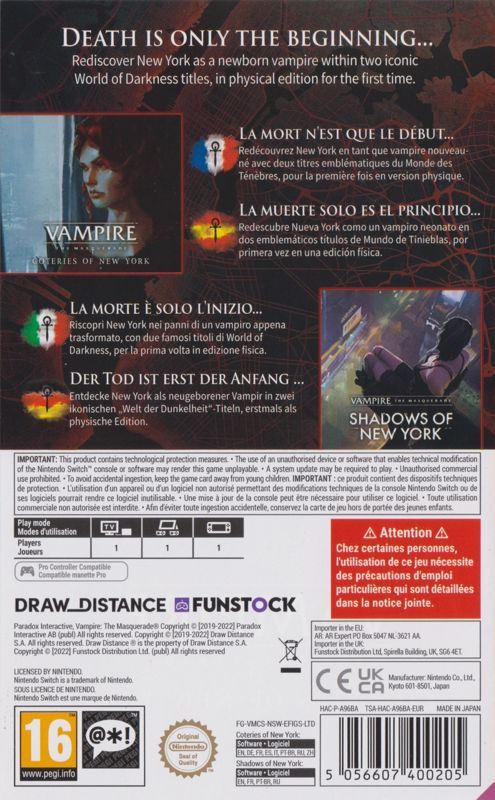 Back Cover for Vampire: The Masquerade - The New York Bundle (Nintendo Switch) (Funstock mail order release)