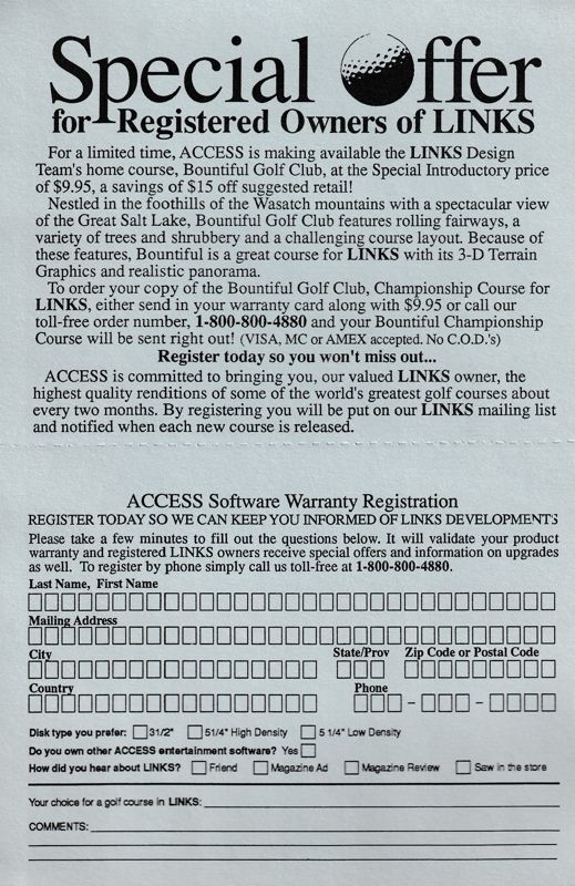 Other for Links: Championship Course - Hyatt Dorado Beach (DOS) (5.25" disk release): Registration Card Back