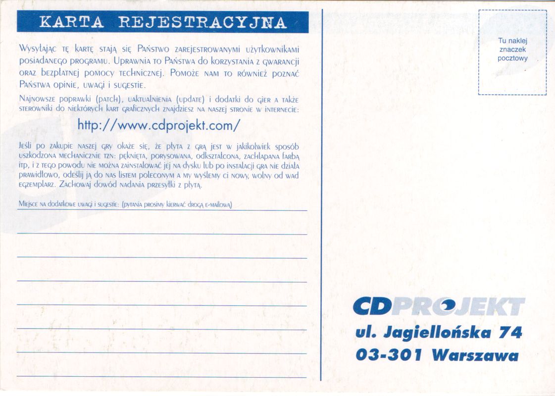 Extras for Fallout Tactics: Postnuklearna Gra Taktyczna (Windows): Registration Card - Side A