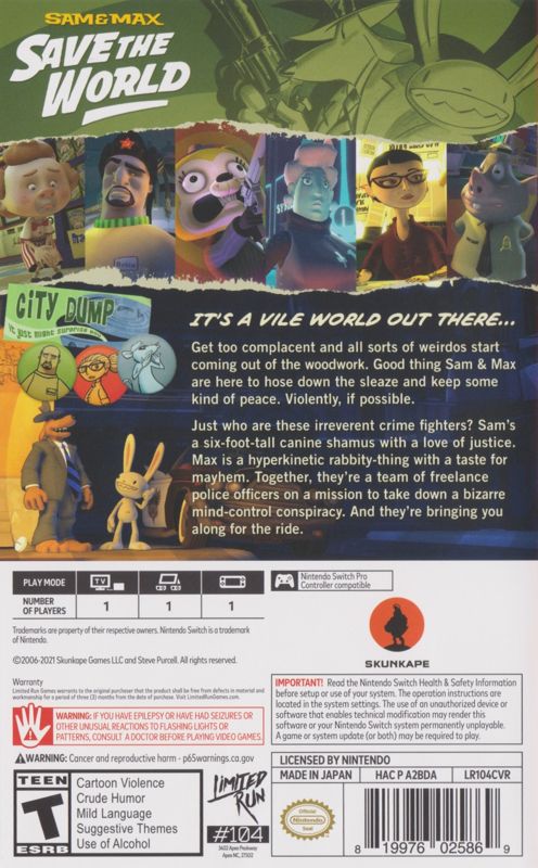 Back Cover for Sam & Max: Save the World (Nintendo Switch)