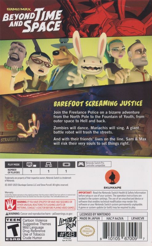 Back Cover for Sam & Max: Beyond Time and Space (Nintendo Switch) (Limited Run Games release)