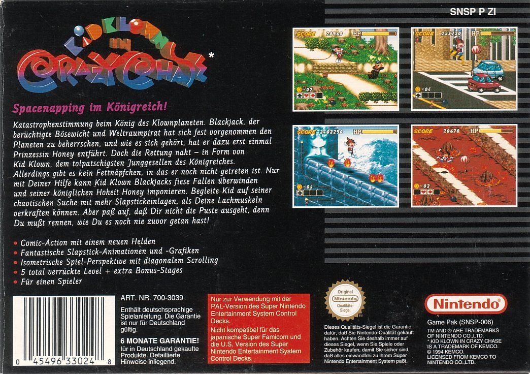 Back Cover for Kid Klown in Crazy Chase (SNES)