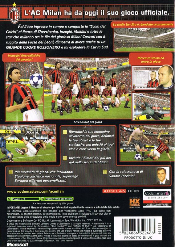 Back Cover for Club Football: 2003/04 Season (Xbox) (AC Milan)