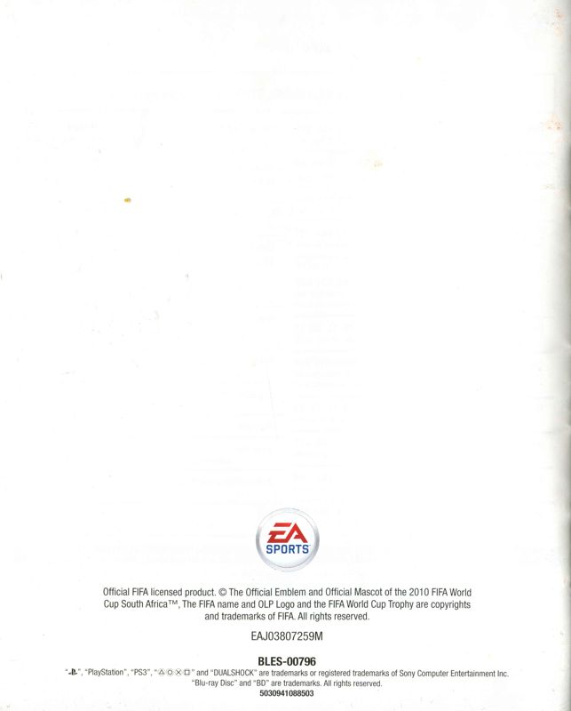Manual for 2010 FIFA World Cup South Africa (PlayStation 3): Back
