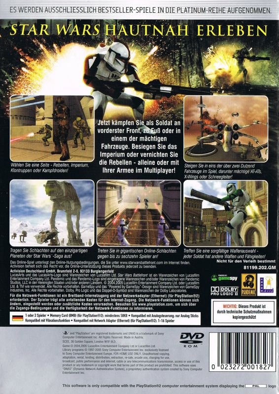 Back Cover for Star Wars: Battlefront (PlayStation 2) (Platinum release)