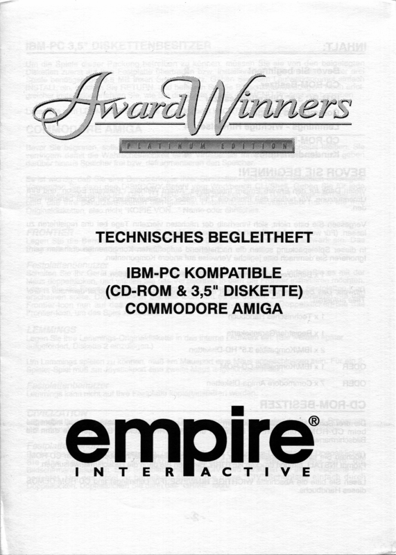 Manual for Award Winners: Platinum Edition (DOS) (Bomico CD-ROM release): Technical Booklet - Front