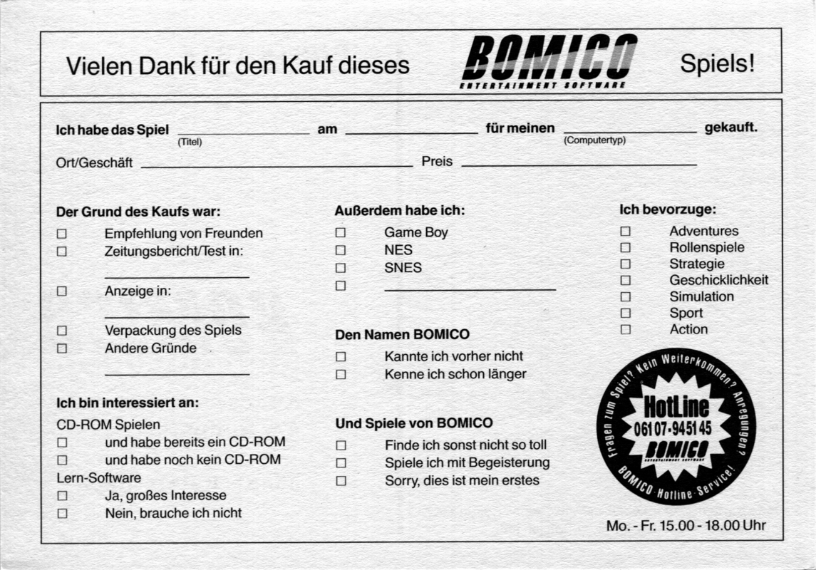 Extras for Award Winners: Platinum Edition (DOS) (Bomico CD-ROM release): Registration Card - Back