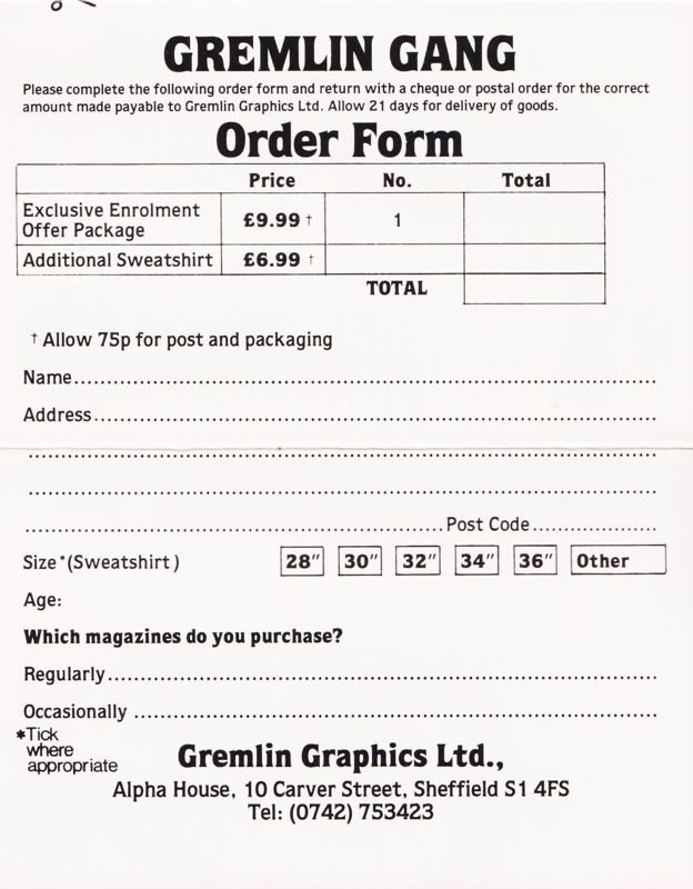 Extras for Metabolis (ZX Spectrum): Gremlin Gang order form (2-folded)