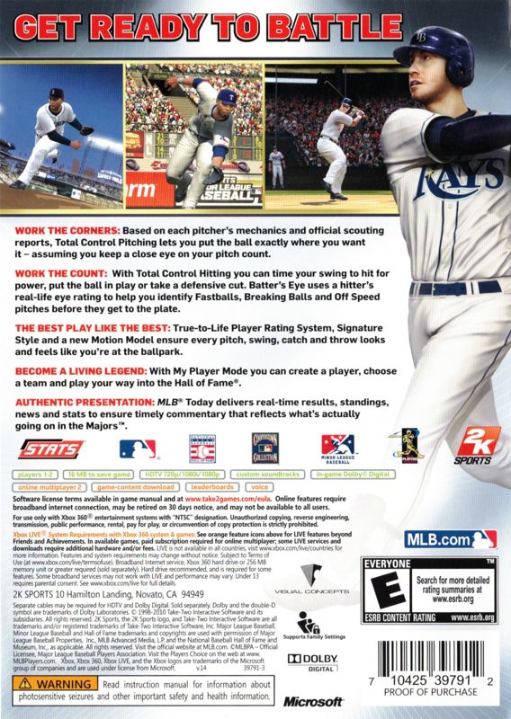 Back Cover for Major League Baseball 2K10 (Xbox 360) (Free Fathead Jr. release)