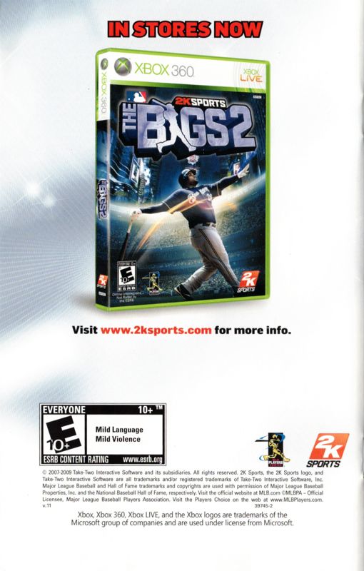 Manual for Major League Baseball 2K10 (Xbox 360) (Free Fathead Jr. release): Back
